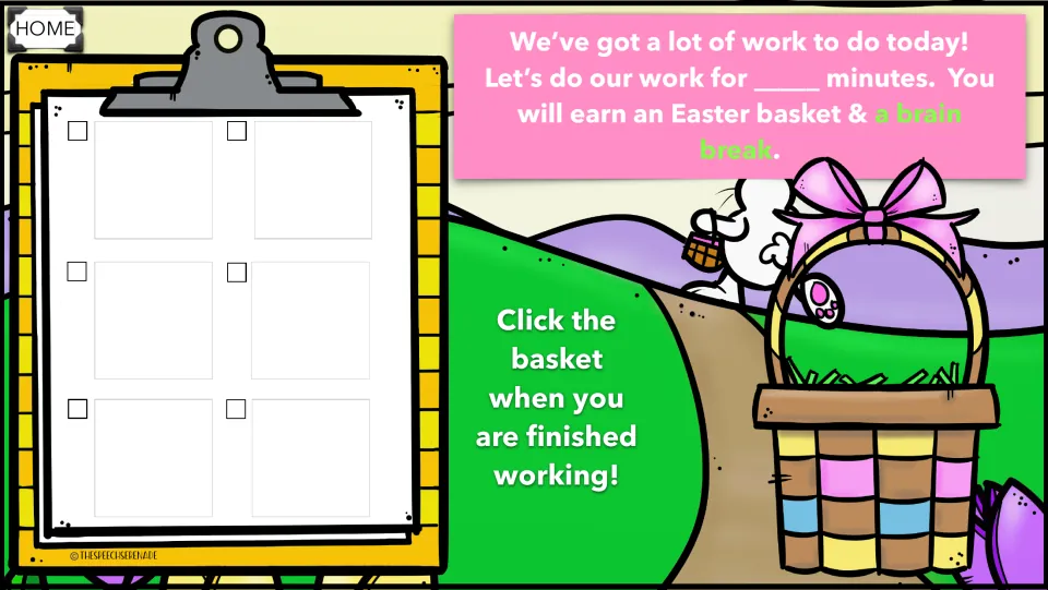 Timed Easter work schedule: students check off 6 picture tasks on a clipboard, then click the basket when finished