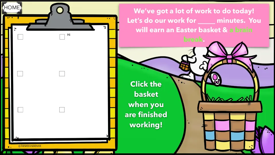 Written version of the timed schedule: 6 checkbox tasks to type on the clipboard and a basket to click when work is done