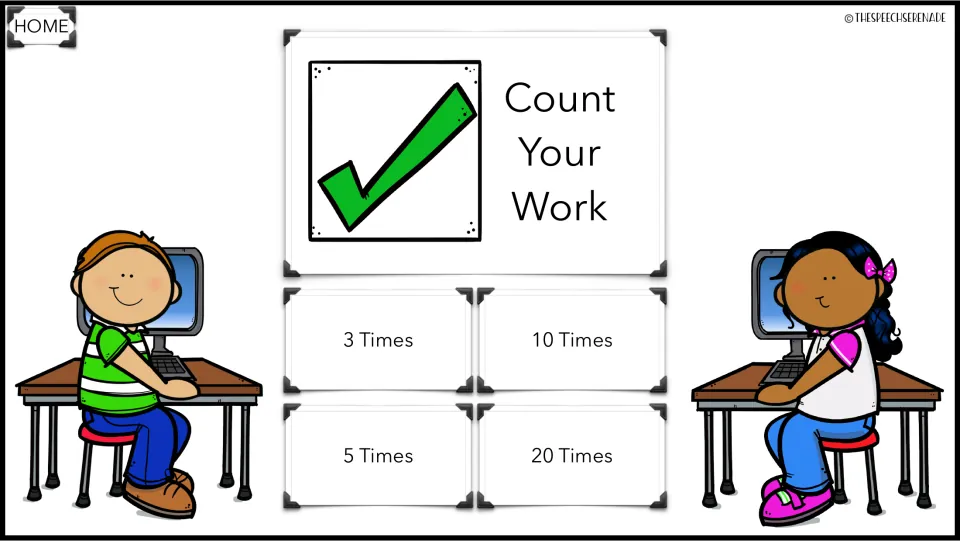 Count Your Work menu: students choose how many times to do their work, with options for 3, 5, 10 or 20 times