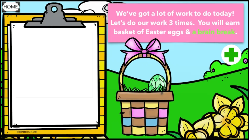 Token tracking in progress: one green Easter egg in the basket after the first of 3 work rounds, toward a brain break