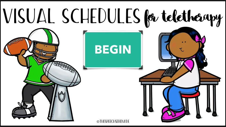 Visual Schedules for teletherapy title slide with a football player, trophy, student at a computer and a BEGIN button