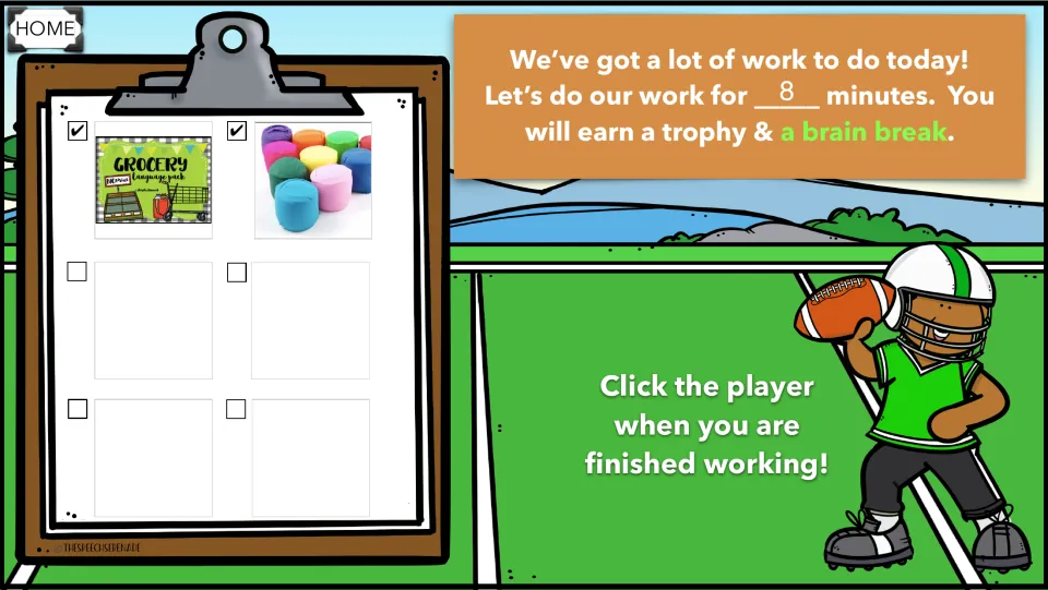 Timed schedule example: work for 8 minutes to earn a trophy and brain break; two task pictures checked off on a clipboard