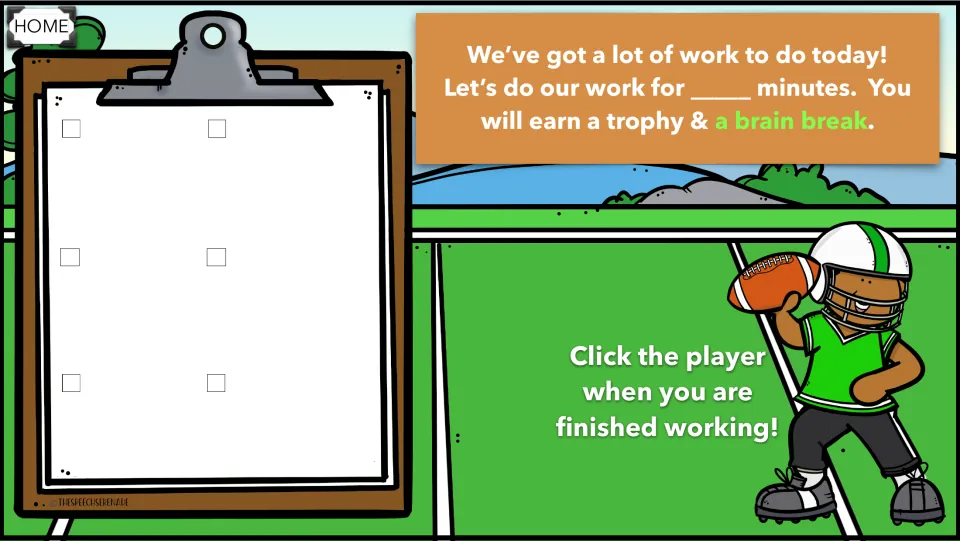 Editable timed schedule: blank minutes and six empty task spots on a clipboard; students click the player when finished