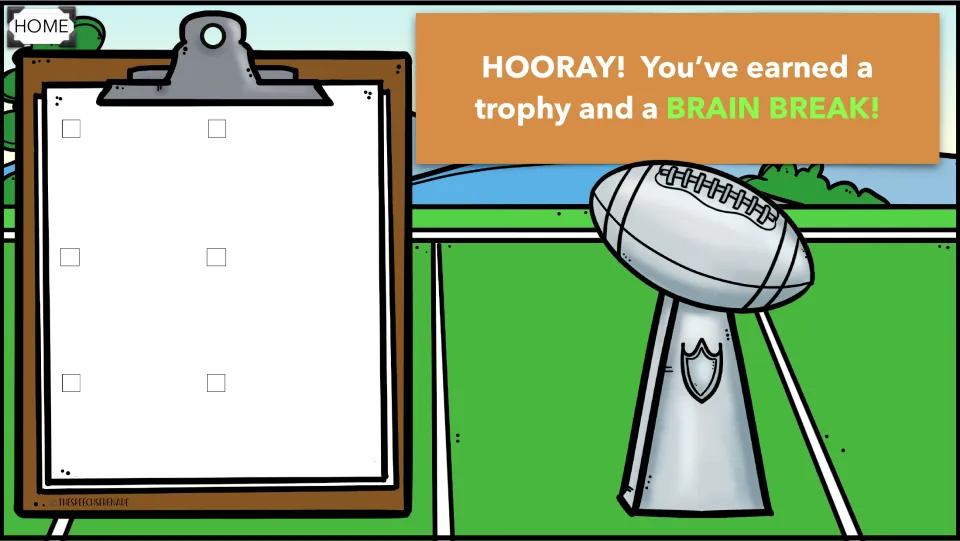 Blank reward slide: HOORAY! trophy and BRAIN BREAK message shown next to six unchecked task spots and a silver trophy