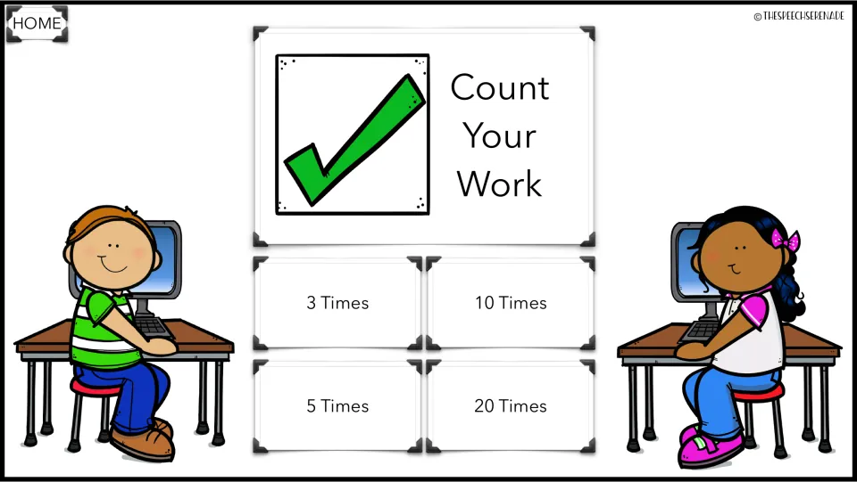 Count Your Work menu with a green check mark: pick how many times to do the work, 3, 5, 10 or 20 times