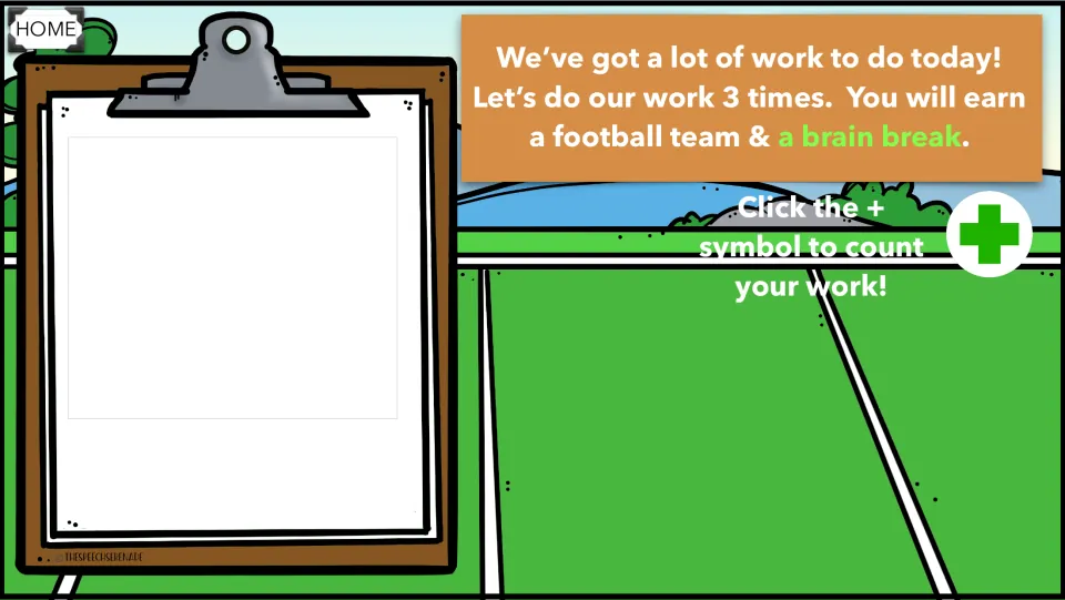 Count-your-work board for 3 times: students click the + symbol to count each turn and earn a football team and brain break