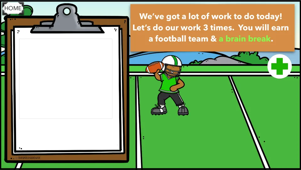 3-times counting board after one click: a football player token appears on the field toward earning team and brain break