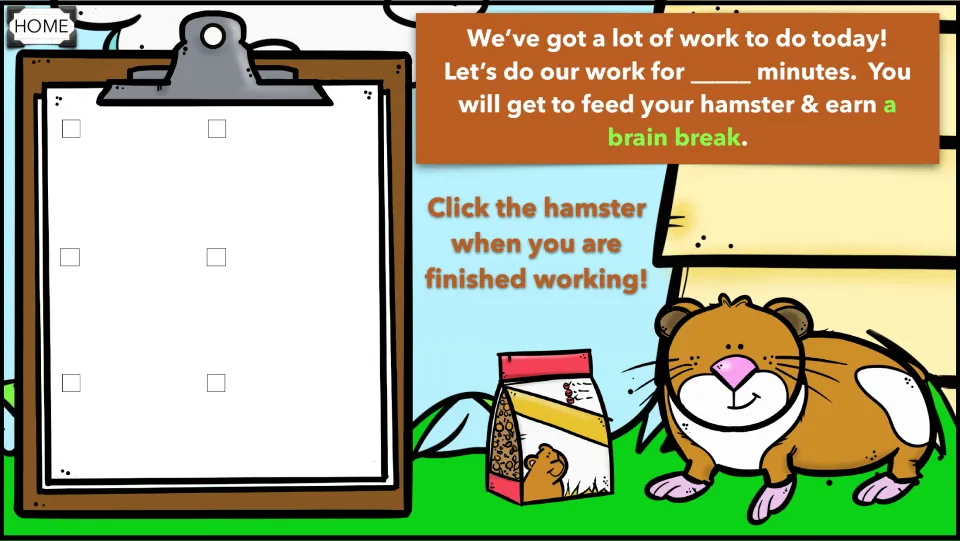 Timed hamster schedule: work for a set number of minutes, then click the hamster to feed it and earn a brain break