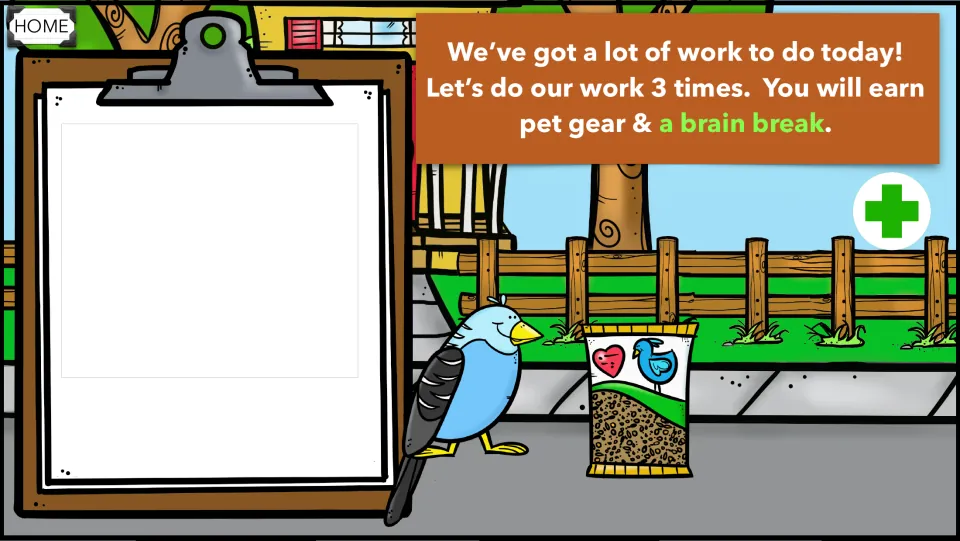 Bird schedule with pet gear added: a bag of birdseed now sits beside the bird toward the 3-task brain break