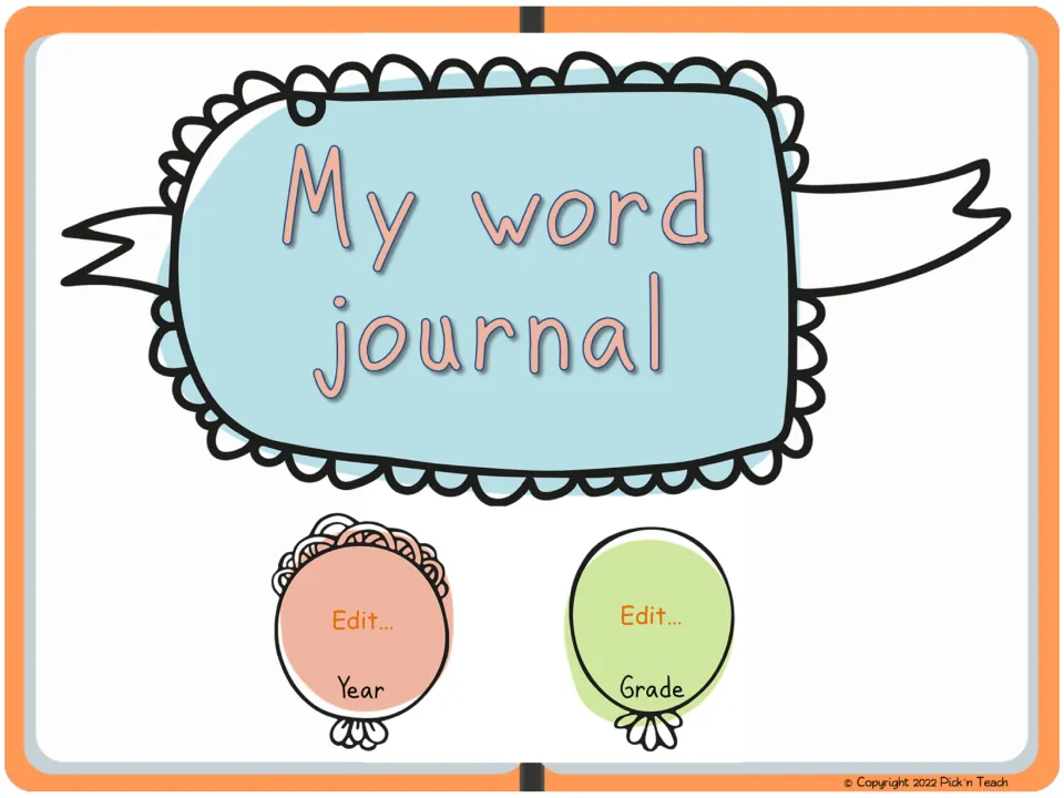 Fifth digital vocabulary journal cover option, titled 'My word journal,' with Year and Grade placeholders