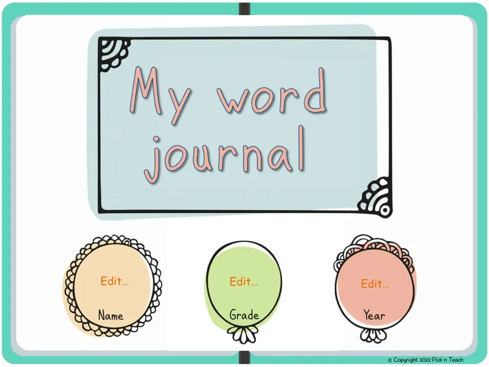 Sixth digital vocabulary journal cover option, titled 'My word journal,' with Name, Grade, and Year