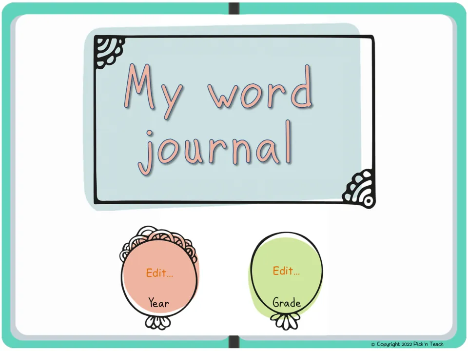 Seventh digital vocabulary journal cover option, titled 'My word journal,' with Year and Grade placeholders