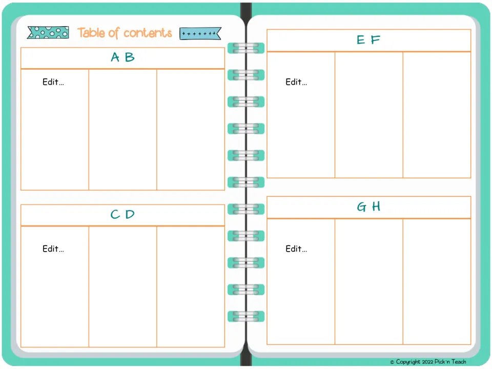 Word journal alphabetical table of contents for A B, C D, E F, and G H, with editable entry placeholders