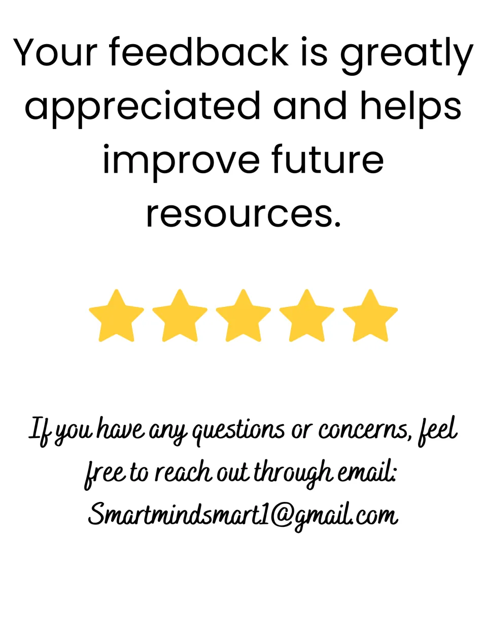 Feedback request with five gold stars and the author's contact email for questions or concerns about the resource