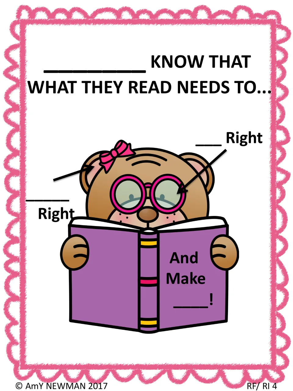 Reading strategy notebook prompt uses a bear's ear, eyes, and book to cue what reading needs to do