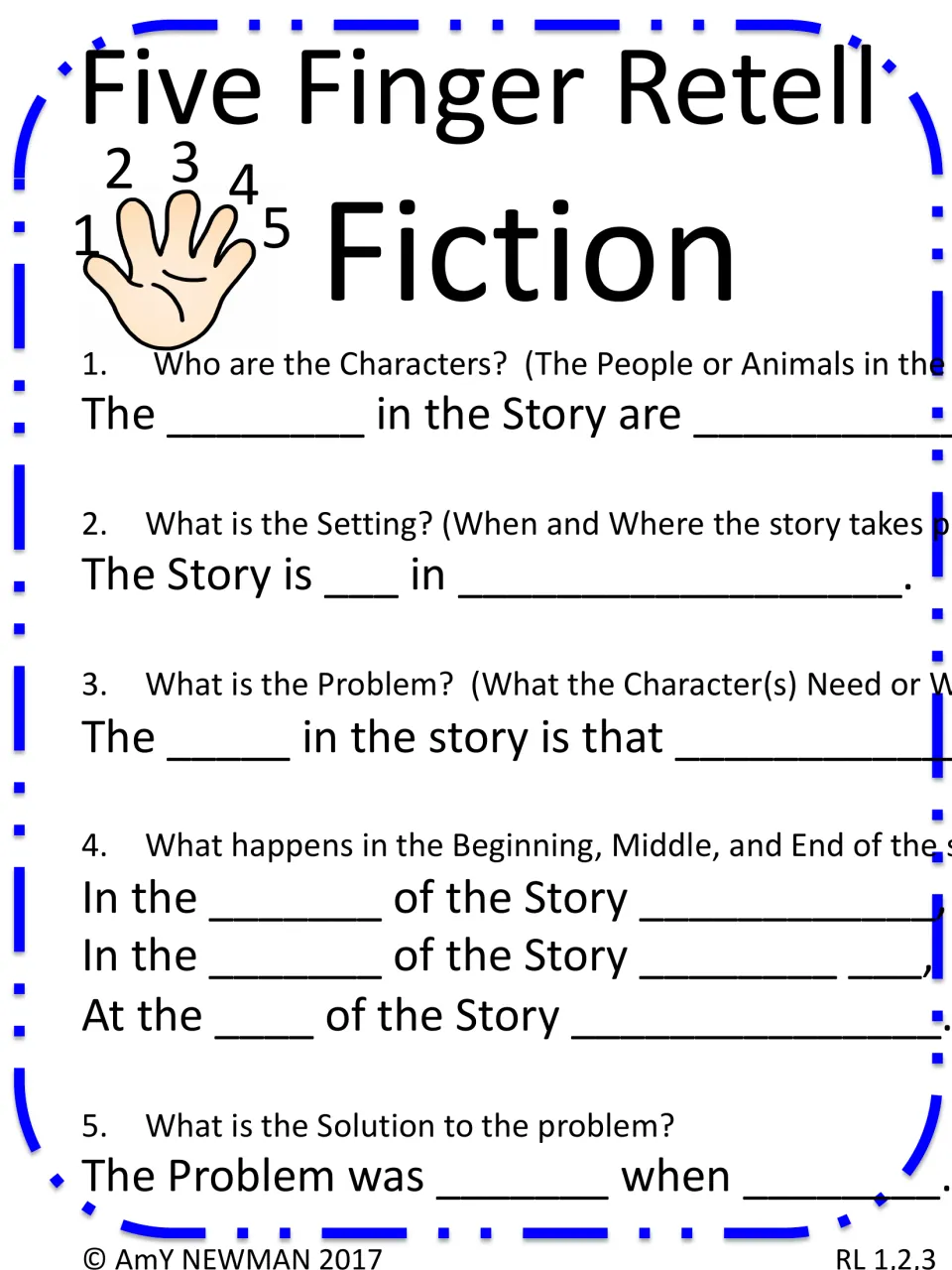 Fiction retelling response page gives sentence starters for characters, setting, problem, events, and solution