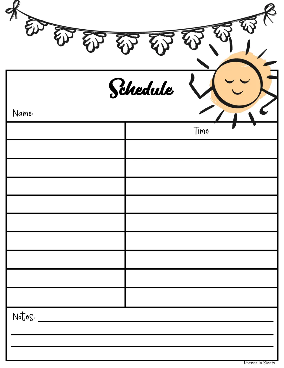 Daily schedule with a smiling sun and bunting: write a name, an activity beside each time slot, then notes at the end