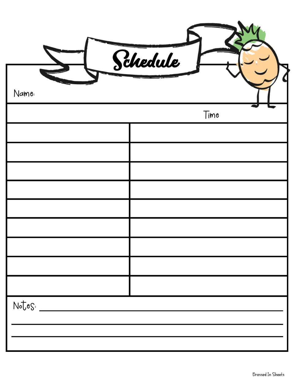 Daily schedule under a ribbon banner with a smiling pineapple: fill in name, activities and times, plus a notes section