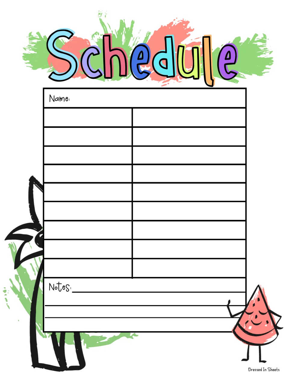 Rainbow Schedule page with a watermelon slice and palm tree: write a name, list the day's activities and add notes below