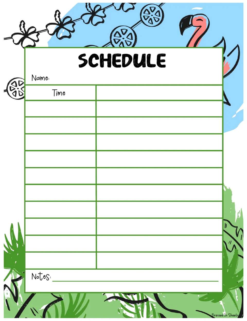 Tropical flamingo schedule in bold capitals: fill in a name, then a time and an activity for each slot, with a notes space