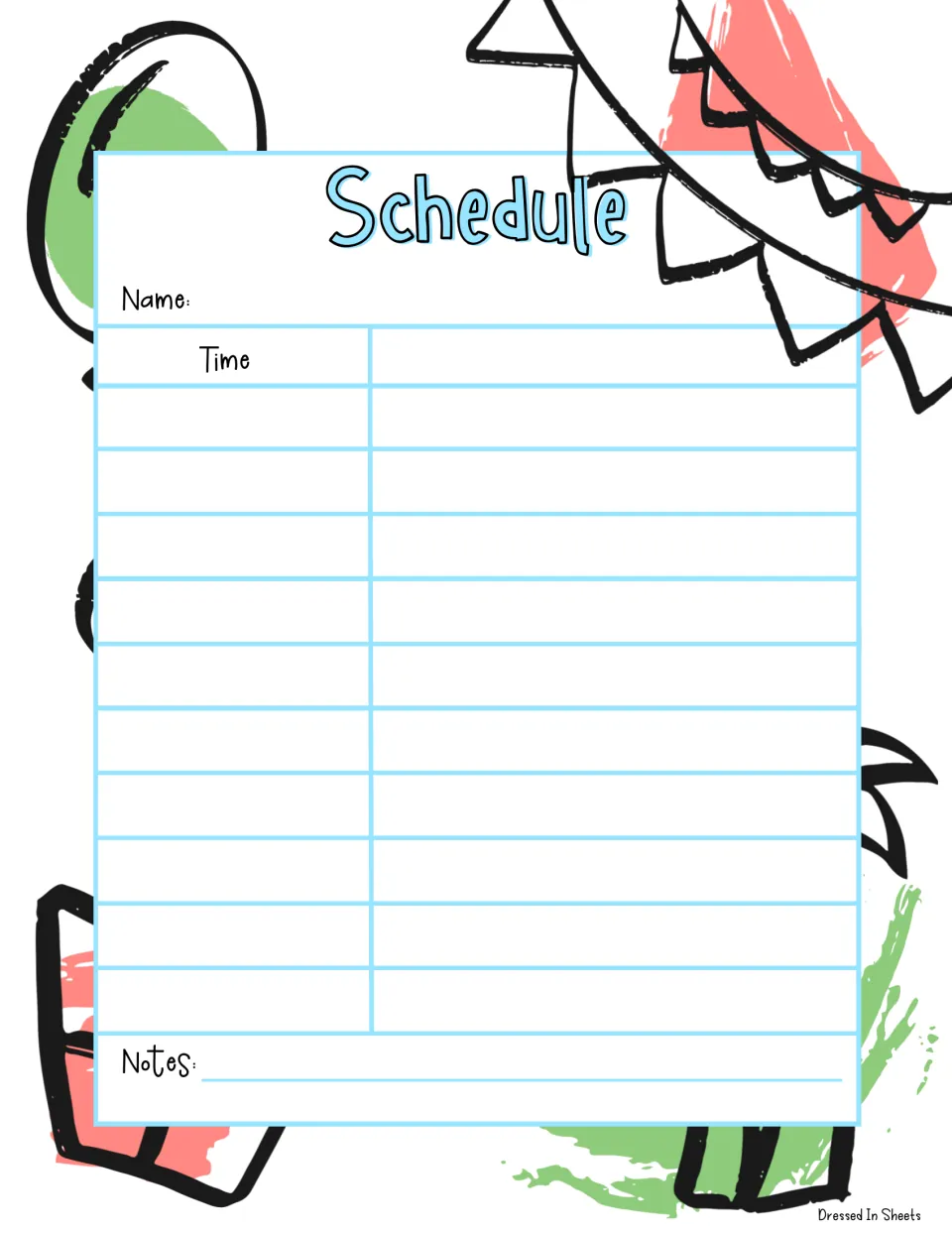 Party bunting and balloon schedule with a blue title: record a name, each time with its matching activity, and notes
