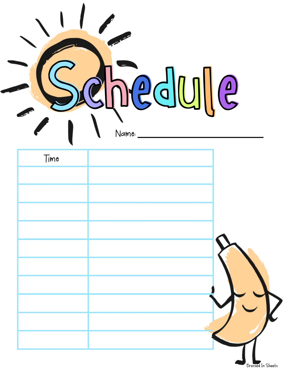 Rainbow schedule with a sun and smiling banana: write a name, then list times and activities; this version has no notes
