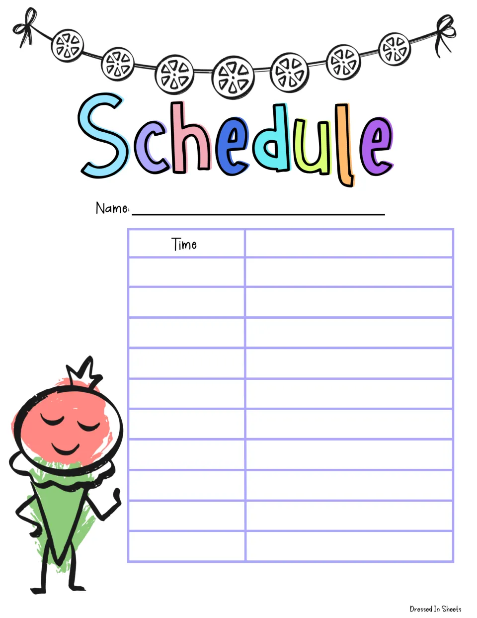 Rainbow schedule with a citrus garland and smiling red character: a name, then times and matching tasks, no notes area