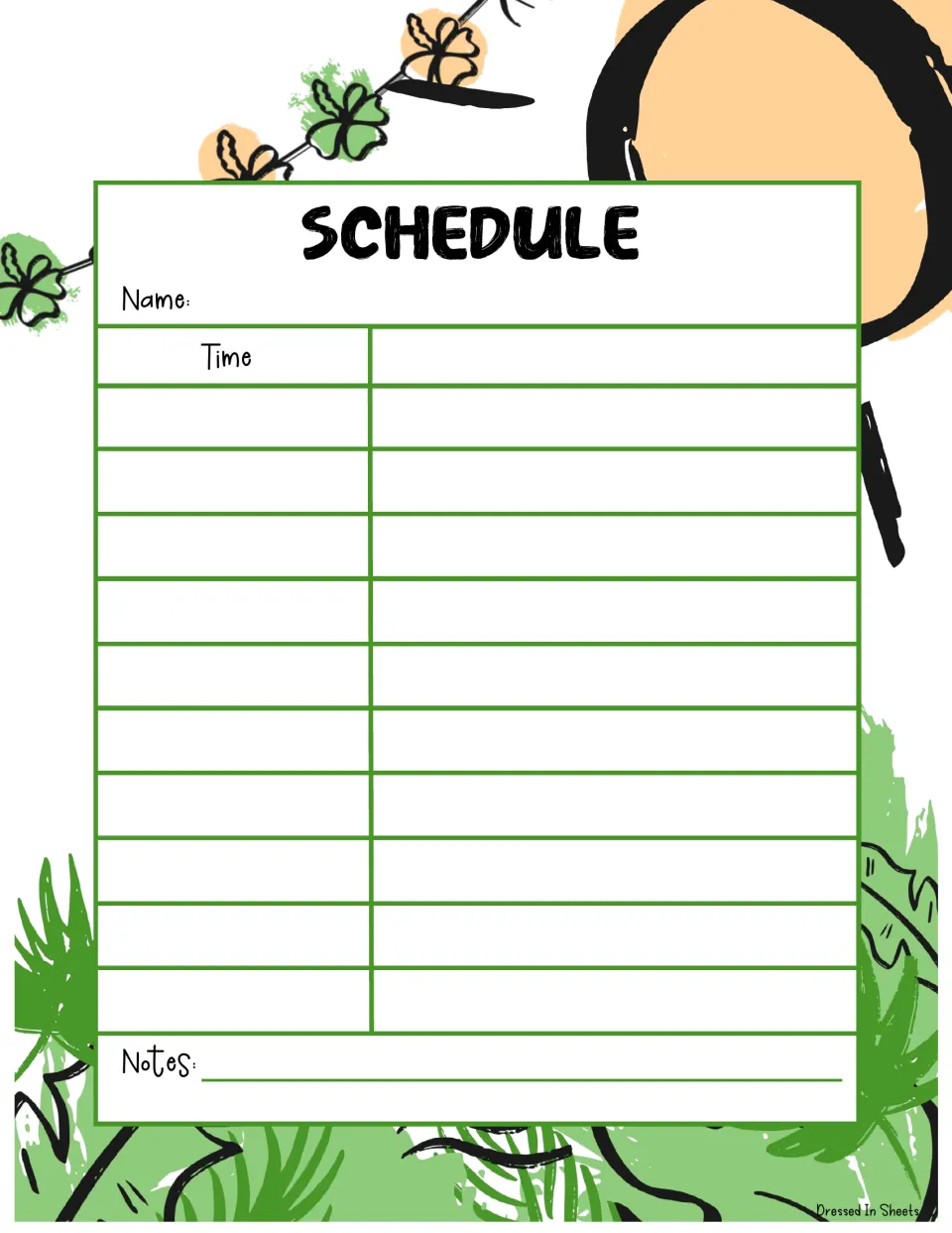 Jungle leaves and flower garland schedule in bold capitals: fill in a name, times and activities, then jot down notes