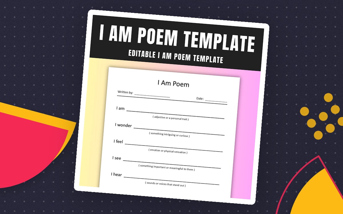 I Am Poem Template cover showing a simplified lined page with I am, I wonder, I feel, I see, and I hear starters.