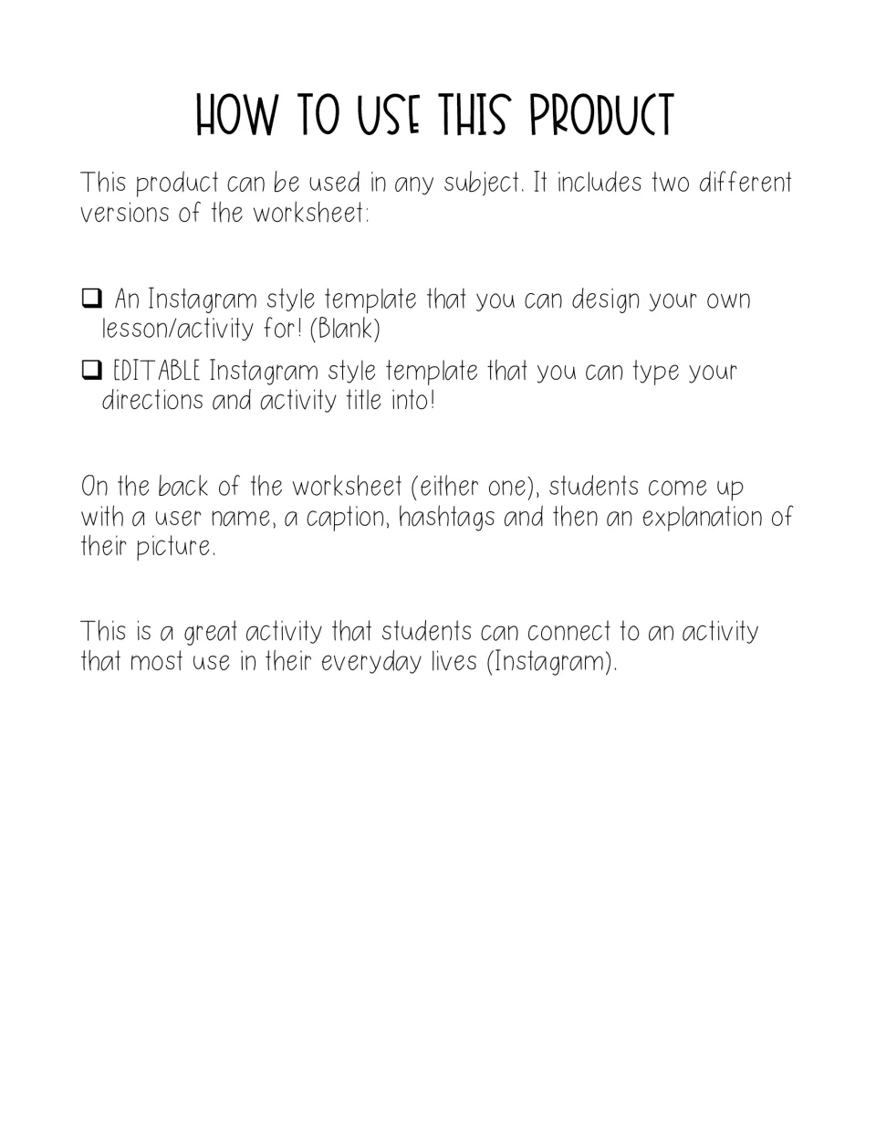 Instructions for blank and editable Instagram templates, plus username, caption, and hashtag responses