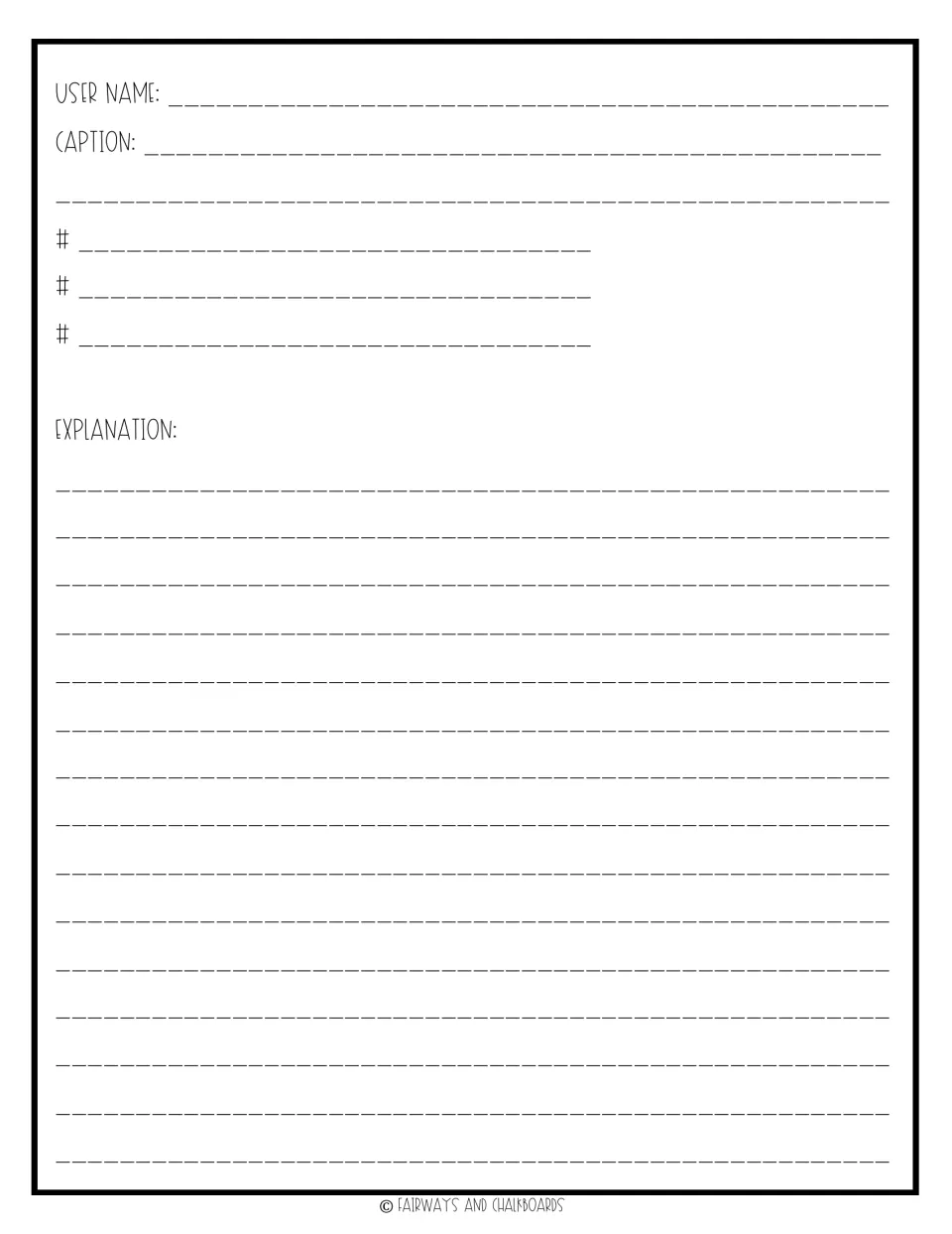 Written-response back of the Instagram template asks for a username, caption, three hashtags, and explanation