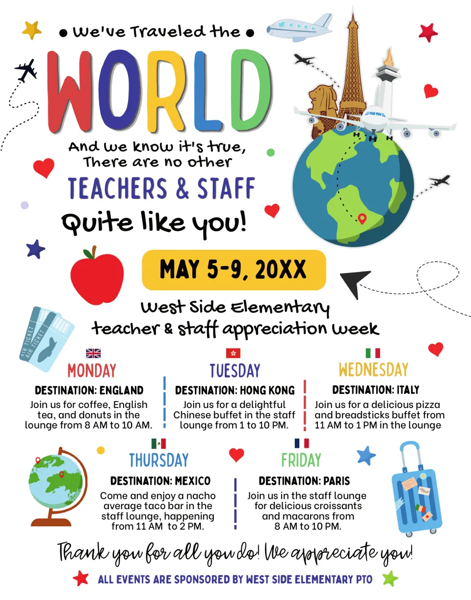 Travel-themed staff appreciation week flyer: a food event each day, from England on Monday to Mexico and Paris by Friday