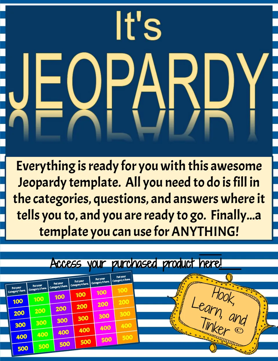 It's Jeopardy cover: a fill-in game board with six category columns worth 100 to 500 points and a link to the product