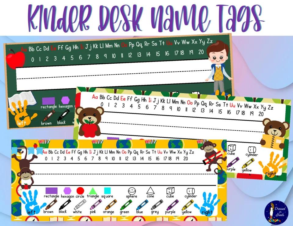 Kinder Desk Name Tags cover showing chalkboard, teddy bear and monkey tag designs with alphabet, numbers, shapes and colors