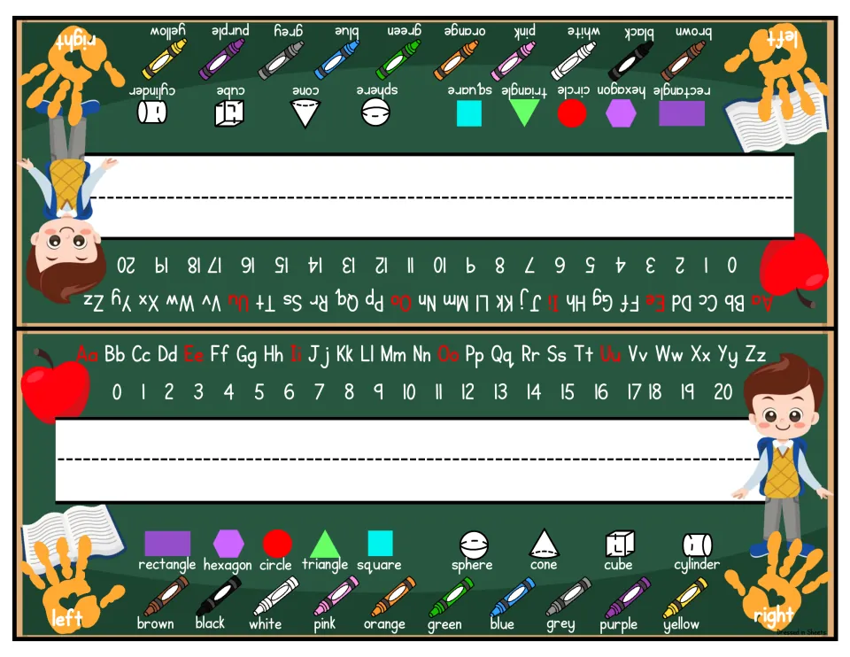 Chalkboard name tags with a boy: alphabet, numbers 0-20, flat and solid shapes, color crayons and left/right handprints