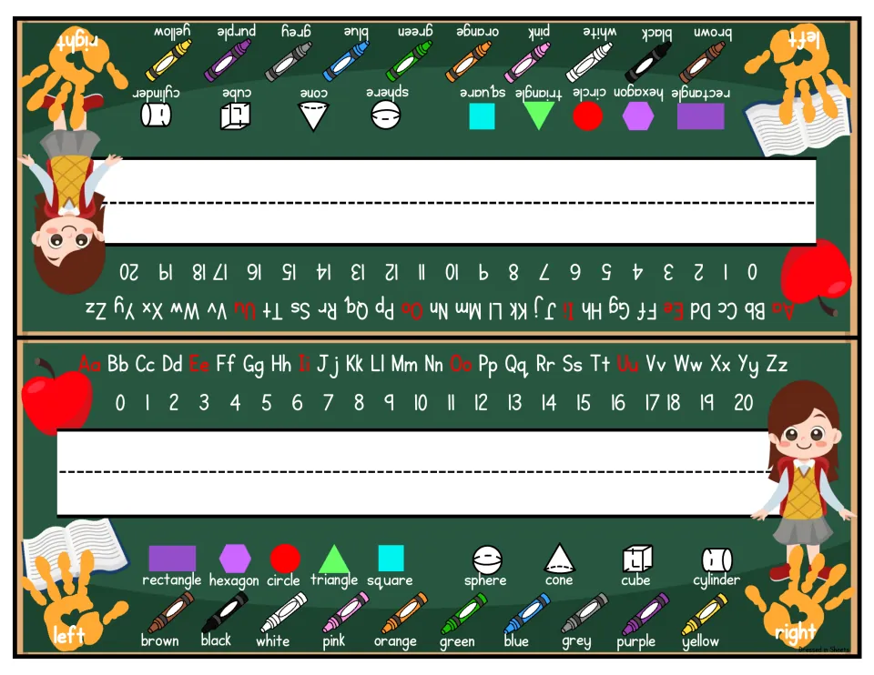 Chalkboard name tags with a girl: letters A-Z, numbers to 20, shape names, labeled crayons and left and right hands