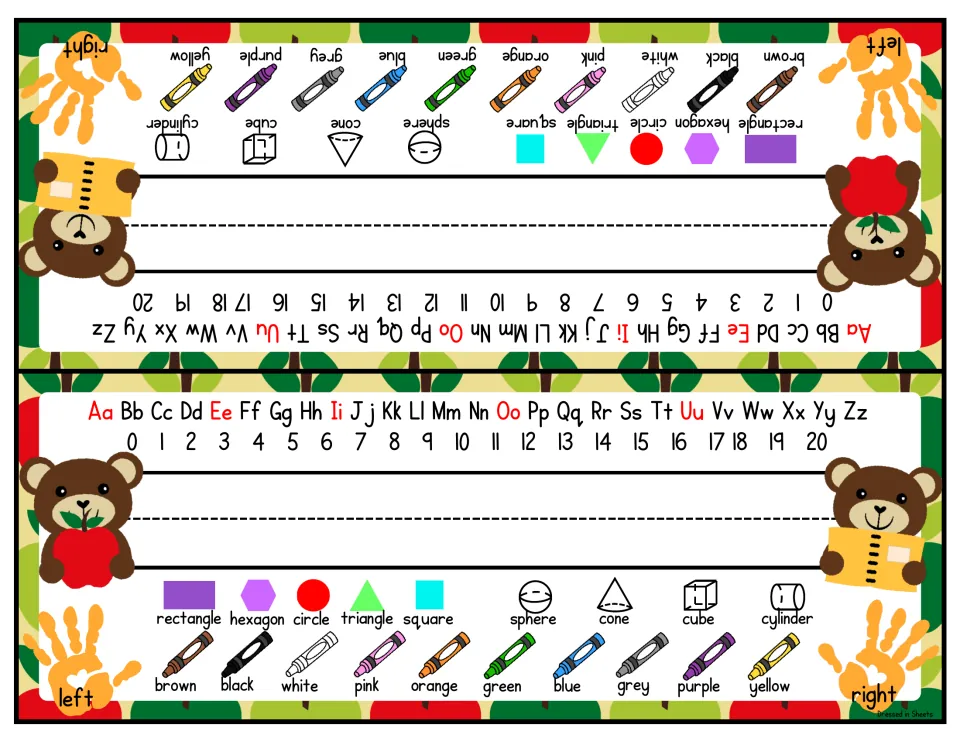 Teddy bear and apple name tags: student name line framed by A-Z, 0-20, 2D and 3D shapes, color words and left/right hands