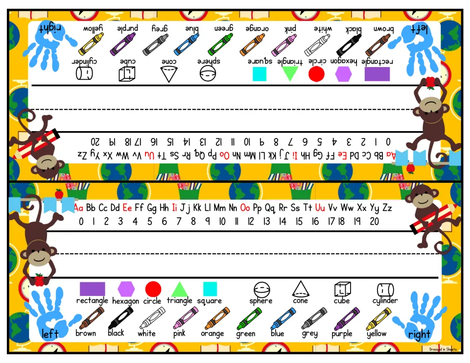 Monkey and globe name tags on yellow: alphabet with red vowels, numbers 0-20, shape names, crayon colors, left/right hands