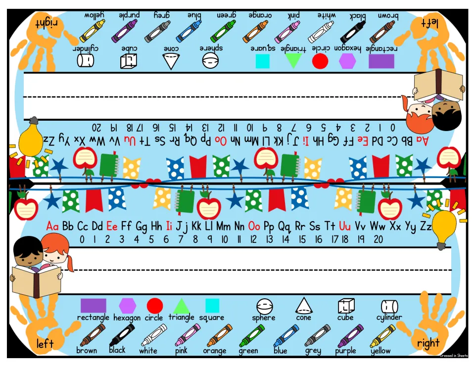 Reading kids and bunting name tags: write-in name line with alphabet, numbers 0-20, shapes, color crayons and left/right