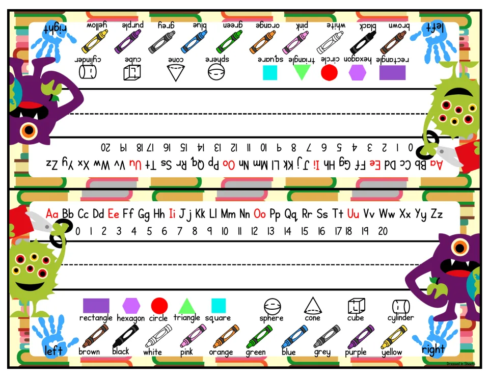 Monster name tags: purple and green monsters around a name line, A-Z with red vowels, 0-20, shape and color word labels