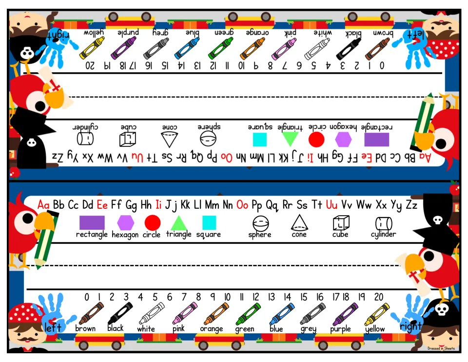 Pirate and parrot name tags: alphabet and shapes above the name line, numbers 0-20 over color crayons, left and right hands