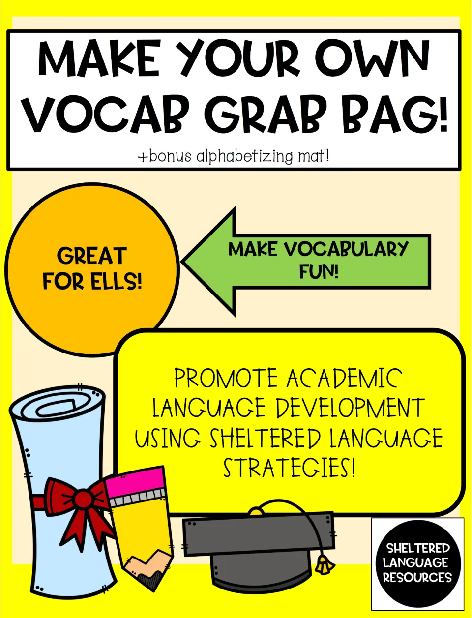 Vocabulary grab bag game cover highlighting a bonus alphabetizing mat and academic language development