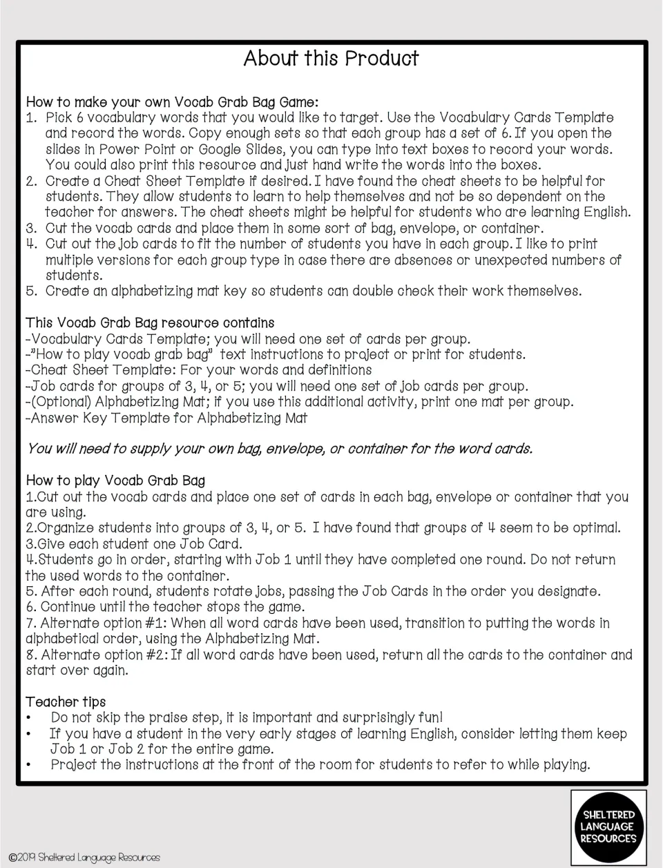 Teacher directions for preparing six vocabulary cards, assigning group jobs, playing, and alphabetizing