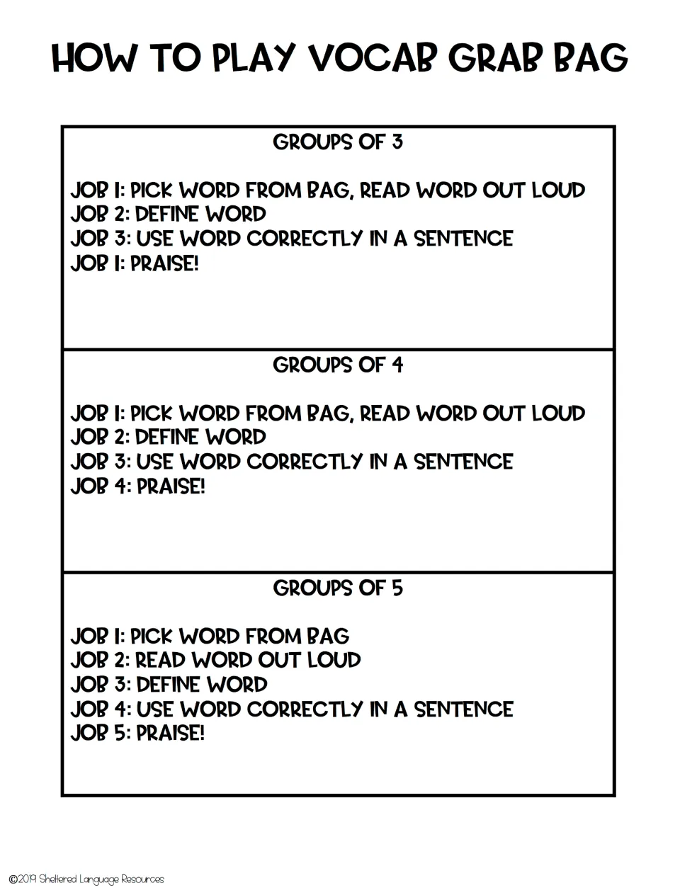 Game directions for groups of three, four, or five: draw, read, define, use a word in a sentence, and praise