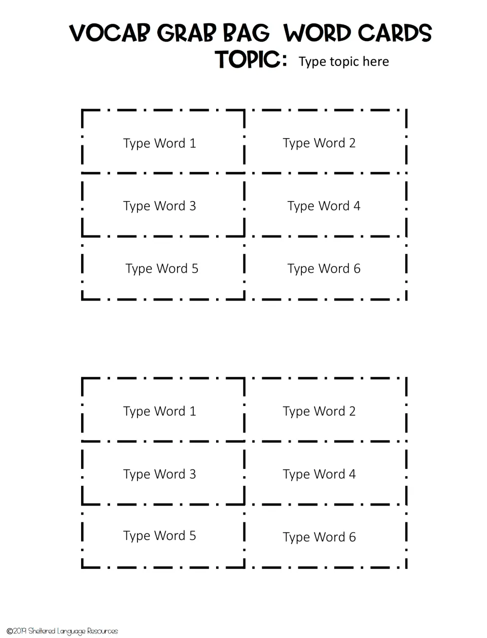 Vocabulary word-card template with a topic placeholder and two copies of six cards labeled Type Word 1–6