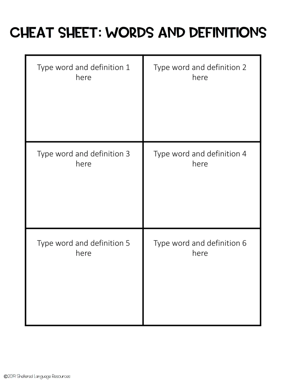 Vocabulary cheat-sheet template with six placeholders for teachers to enter the game words and definitions