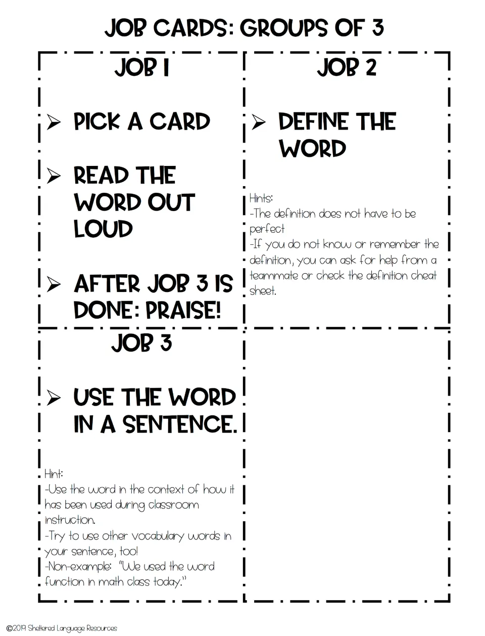 Three group job cards: pick and read a word then praise, define the word, and use the word in a sentence