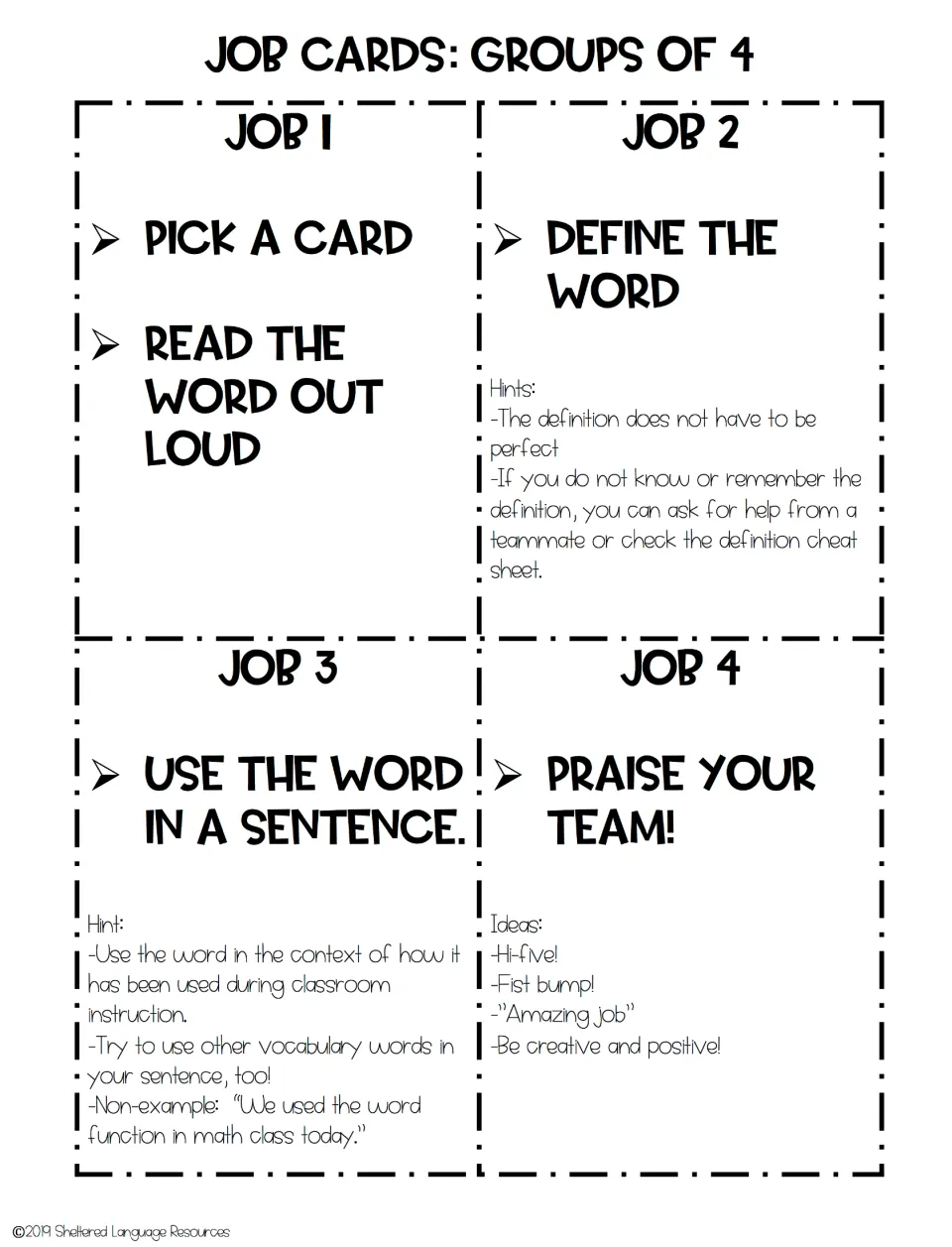 Four group job cards: pick and read a word, define it, use it in a sentence, and praise the team