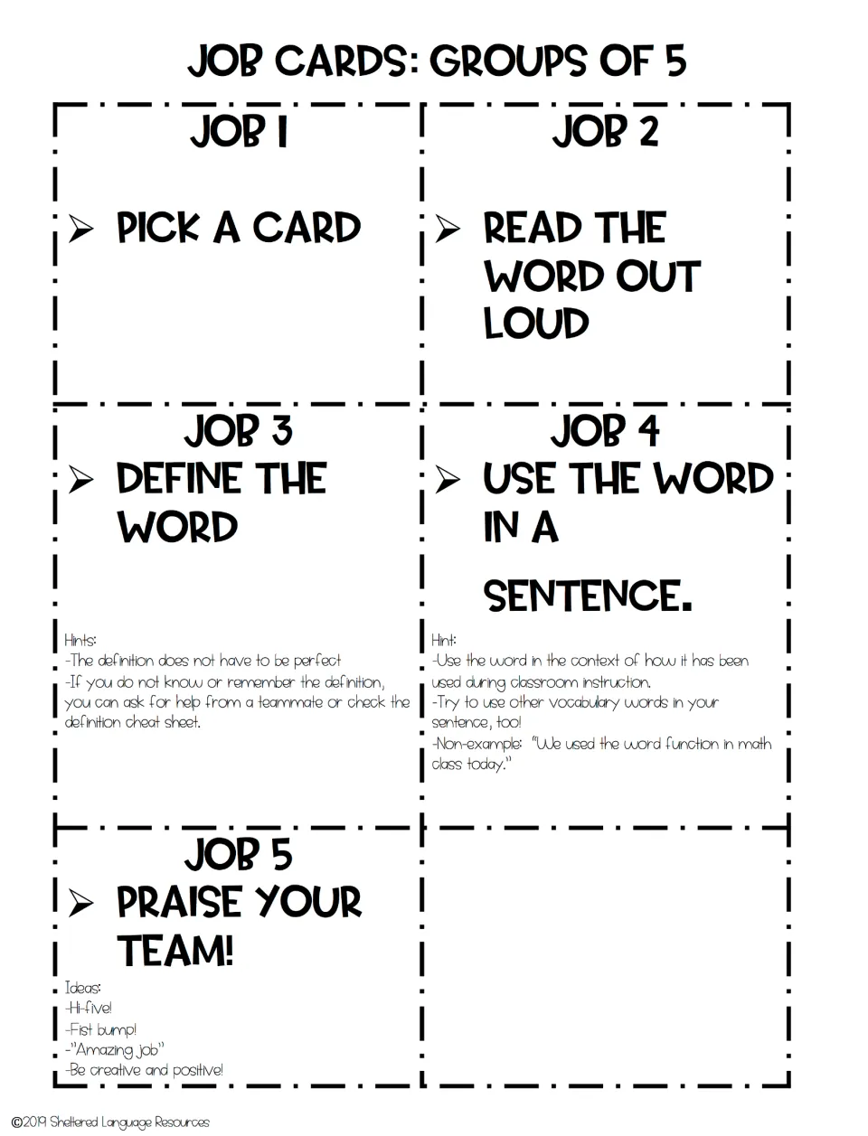 Five group job cards: pick a card, read the word aloud, define it, use it in a sentence, and praise the team
