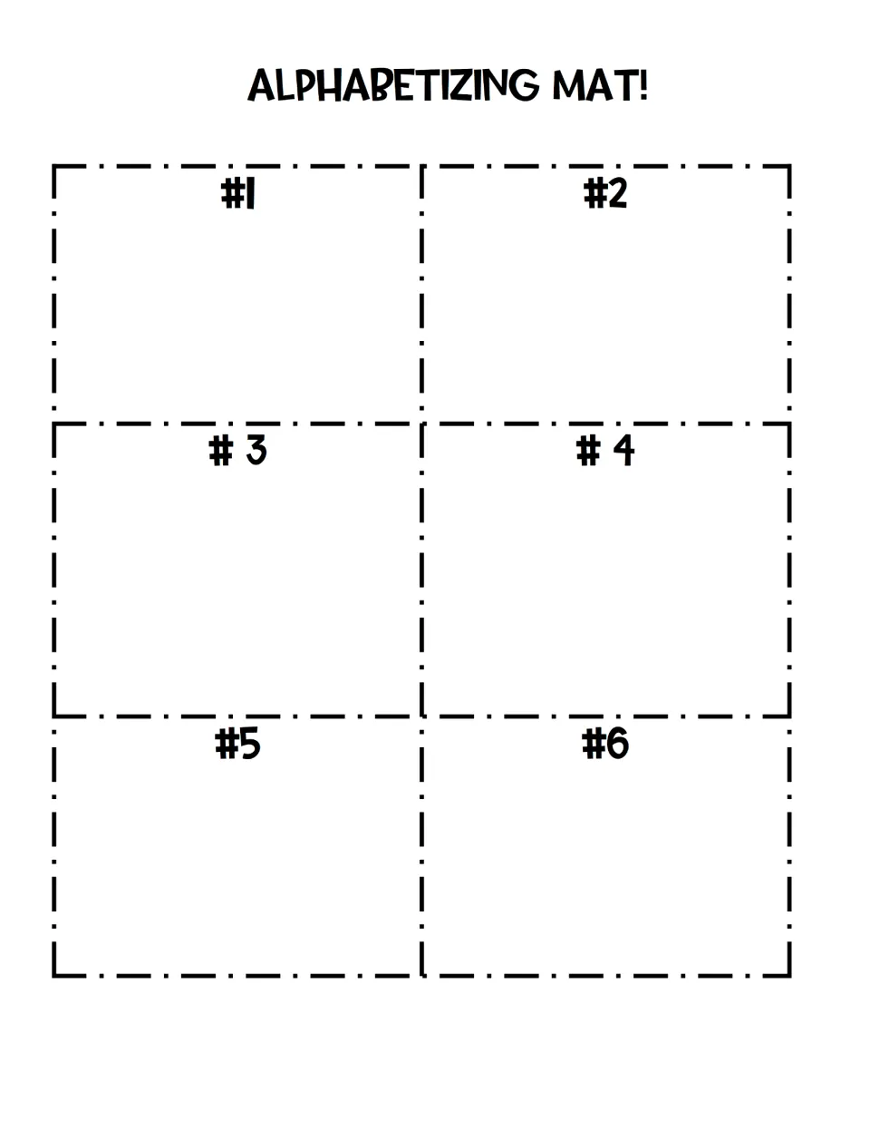 Alphabetizing mat for placing the game's six vocabulary cards in alphabetical order, numbered 1 through 6